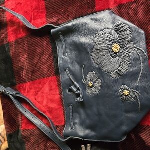 The Sak Blue Leather Shoulder Bag with Artisanal Detailing